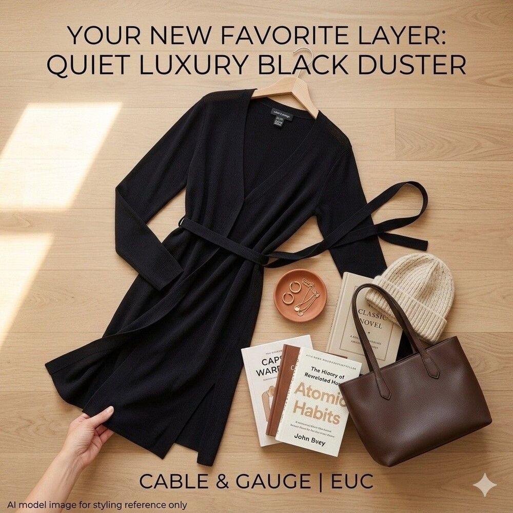 Cable Gauge Black Rib Knit Duster Cardigan Belted L Quiet Luxury Clean Girl Goth